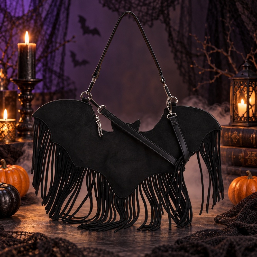 Betsey Johnson Bat Wing Fringe Crossbody Bag Women Black Faux Suede Whimsigoth